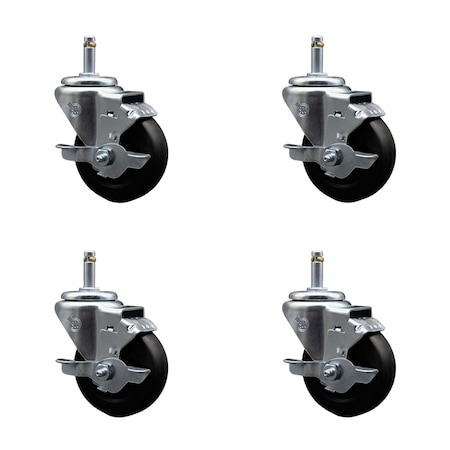Service Caster 3.5'' Soft Rubber Wheel Swivel 7/16'' Grip Ring Stem Caster Set with Brake, 4PK SCC-GR20S3514-SRS-TLB-716138-4